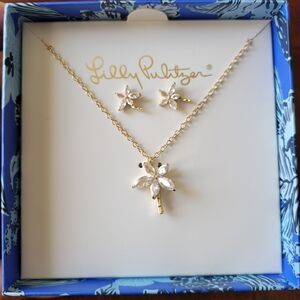 New Lilly Pulitzer Alba Blue BOXED EARRINGS & NECKLACE Set Palm Tree Gift